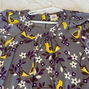 Mini Boden Gray Dress with Yellow and Purple Bird Print